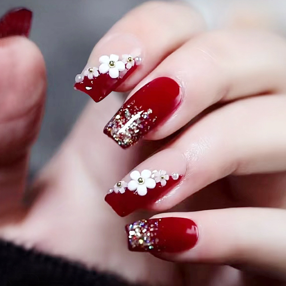 Pressed Flower Art - 24 Buah Kuku Tekan Merah Mengkilap